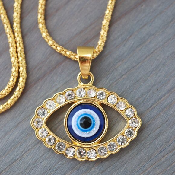 Evil Eye Big Blue Pendant with CZ Diamond Necklace 18k Gold Plated Stainless Ste - Picture 3 of 3